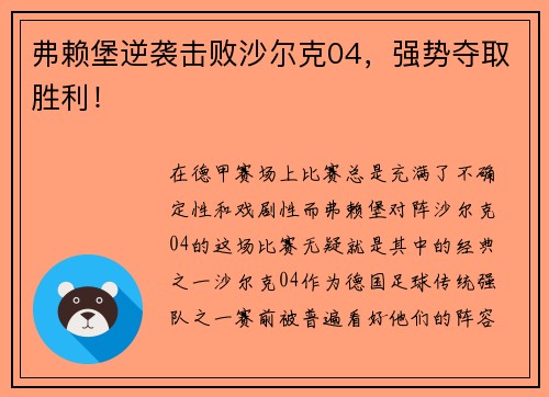 弗赖堡逆袭击败沙尔克04，强势夺取胜利！